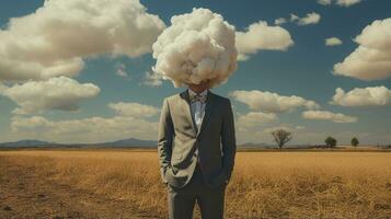 Man on retro suit with cloud instead head stand in field. photo