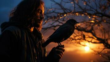 Medieval man with a raven in his arms. photo