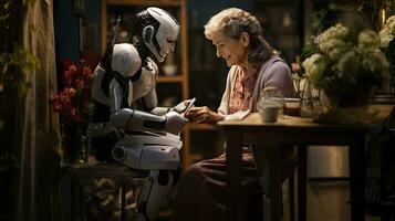 Side view of senior woman with robot while sitting at the table, served by her robotic servant. photo