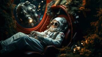 Surreal colorful space with fantasy astronaut in space, lost in the galaxy. Outer planet. photo