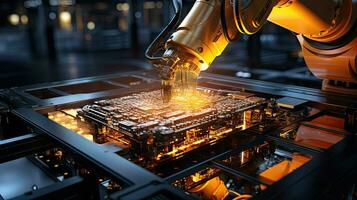 Robotic arm working on a circuit board in a factory. Advanced high precision robot arms on fully automated PCB. photo