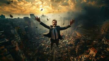 Man in formal wear flying or falling over big city. photo