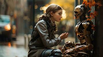Beautiful young woman sitting in the street next to the robot. Female robotics engineer control automated giving commands. photo