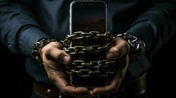 Man hands tied with metallic chain on dark background , internet or social media addiction. photo