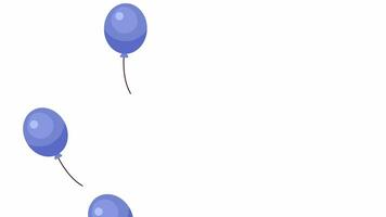 vliegend omhoog blauw ballonnen Aan links kant 2d voorwerpen animatie. drijvend baloons vlak tekenfilm 4k video, transparant alpha kanaal. opblaasbaar decoraties geanimeerd elementen Aan wit achtergrond video