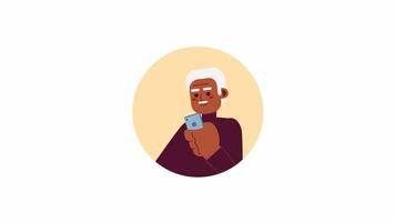 Mustache african american old man looking at phone 2D avatar animation. Holding mobile elderly black guy flat cartoon 4K video, transparent alpha channel. Social media animated portrait on white video