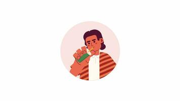 Serape mexican man drinking through straw 2D avatar animation. Holding coffee takeaway latino male flat cartoon 4K video, transparent alpha channel. Mexican identity animated portrait on white video