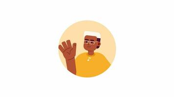 bril zwart vent golvend hand- groet 2d avatar animatie. handgolf gebleekt haar- Afrikaanse Amerikaans Mens vlak tekenfilm 4k video, transparant alpha kanaal. Welkom geanimeerd portret Aan wit video