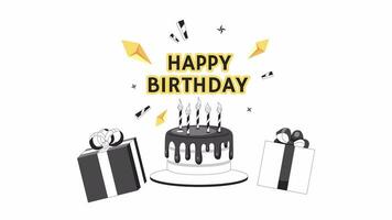 Happy birthday monochrome greeting card animation. Candles birthday cake 4K video motion graphic. Surprise party. Gifts presents 2D black and white postcard animated ecard cartoon isolated on white