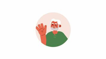 Hispanic old man waving hand greeting 2D avatar animation. Handwave bearded elderly mexican guy flat cartoon 4K video, transparent alpha channel. Welcome gesturing animated portrait on white video
