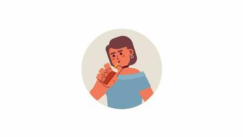 Stylish caucasian young adult woman sipping straw 2D avatar animation. Coffee enjoying college girl flat cartoon 4K video, transparent alpha channel. Drinking milkshake animated portrait on white video