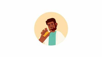 barbudo Preto cara bebendo Palha 2d avatar animação. segurando café masculino com barba plano desenho animado 4k vídeo, transparente alfa canal. batido homem africano americano animado retrato em branco video