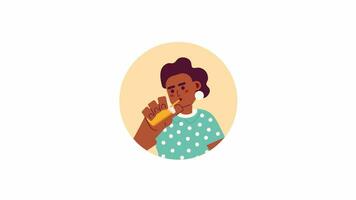 Afro curly hair stylish woman sipping straw 2D avatar animation. Coffee enjoying girl flat cartoon 4K video, transparent alpha channel. Black lady drinking milkshake animated portrait on white video