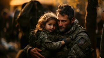 Portrait of a father and daughter in military clothes on the street. photo