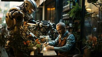 Man working with robots at a coffee shop. Side view. Robot technology in future. photo