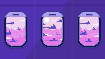 Rays fish flying in aeroplane windows lo fi animated cartoon background. Aircraft paradise 90s retro lofi aesthetic live wallpaper animation. Fantasy sky color chill scene 4K video motion graphic