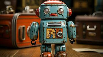 Vintage tin robot toy on a wooden background. photo