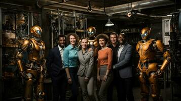 Group of happy young people standing in front of robots in a factory. Digital partner concept. photo