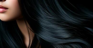 Black hair close-up as background. Women's long natural dark hair. Wavy shiny curls - AI generated image photo