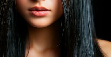 Black hair close-up as background. Women's long natural dark hair. Wavy shiny curls - AI generated image photo