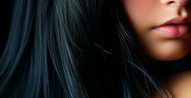 Black hair close-up as background. Women's long natural dark hair. Wavy shiny curls - AI generated image photo