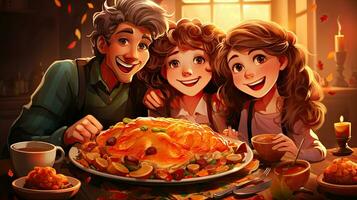 Happy Thanksgiving Day Happy family with kids eating turkey at home. Holiday concept. photo