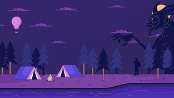 Creepy woods camping site lo fi animated cartoon background. Walking forest monster at campfire 90s retro lofi live wallpaper animation. Spooky nightmare color chill scene 4K video motion graphic