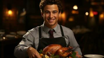 Happy Thanksgiving Day Smiling young man with roasted turkey. photo