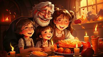 contento acción de gracias día contento familia celebrando a hogar con velas y pastel - ilustración para niños. foto