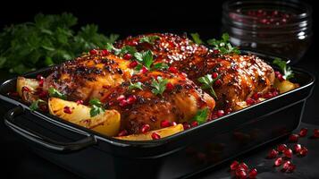 Happy Thanksgiving Baked turkey with potatoes and pomegranate seeds on black background. photo