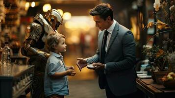 Father and son spend time together with robot. Small nerd with his futuristic friend. photo