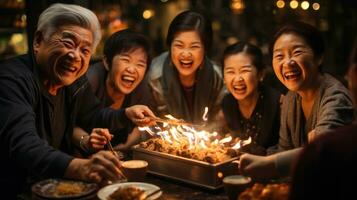 Happy Thanksgiving Day Group of asian family people having barbecue party with fire at night. photo