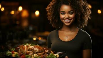 Happy Thanksgiving Day Portrait of happy african american woman holding roasted turkey at home. photo