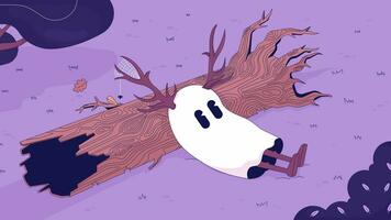 sospiri fantasma nel autunno foresta lo fi animato cartone animato sfondo. carino spirito con cervo corna anni 90 retrò lofi vivere sfondo animazione. autunno malinconia colore freddo scena 4k video movimento grafico