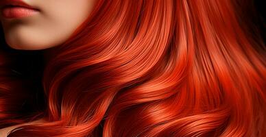 Red hair close-up as a background. Women's long natural dark hair. Girl with wavy shiny curls - AI generated image photo