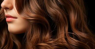 Brown hair close-up as background. Women's long natural dark hair. Girl with wavy shiny curls - AI generated image photo