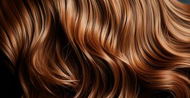 Brown hair close-up as background. Women's long natural dark hair. Wavy shiny curls - AI generated image photo