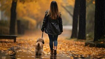 mujer caminando su perro en el lluvia con paraguas foto