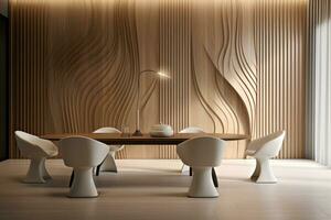 Simplistic Interior Design for a Modern Dining Room with an Arched Abstract Wood Paneled Wall photo