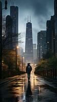 Man walking in the rain with city skyline in background photo