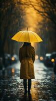 Woman in yellow raincoat with umbrella in the rain photo