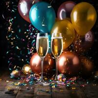 Champagne glasses surrounded by colorful balloons and streamers photo