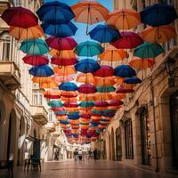 Colorful umbrellas in the city photo