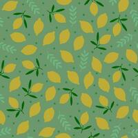 Vector seamless pattern with lemons on green background. Retro vibes fruits pattern, vintage kitchen background