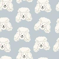 Vector pattern with cute poodle faces on pastel blue. Cute dog pattern. White dog seamless pattern for textile