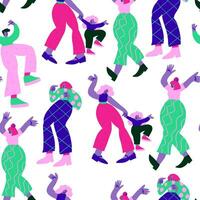 Seamless pattern with cool colorful people doodles on white. Colorful party characters dancing on white. Cartoon people vector