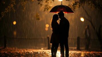 Couple under one umbrella in the rain photo