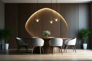 Simplistic Interior Design for a Modern Dining Room with an Arched Abstract Wood Paneled Wall photo