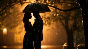 Couple under one umbrella in the rain photo