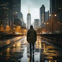 Man walking in the rain with city skyline in background photo